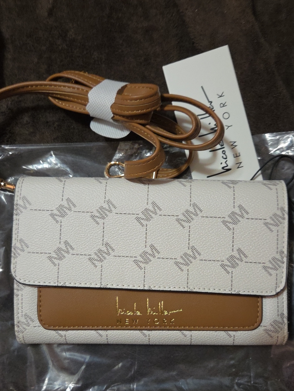 Nicole Miller Beige and Tan Monogram Crossbody Wallet